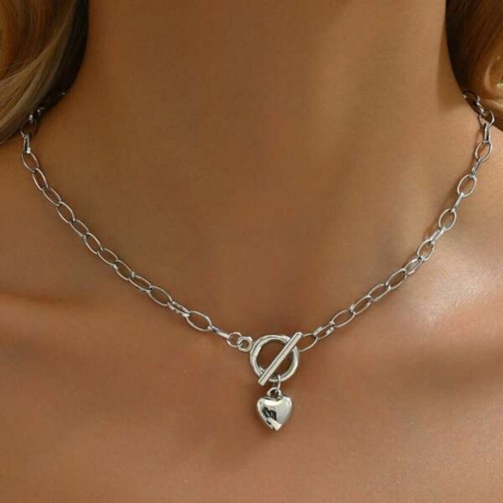 Sterling Silver Heart Toggle Chain Necklace | (16.1")